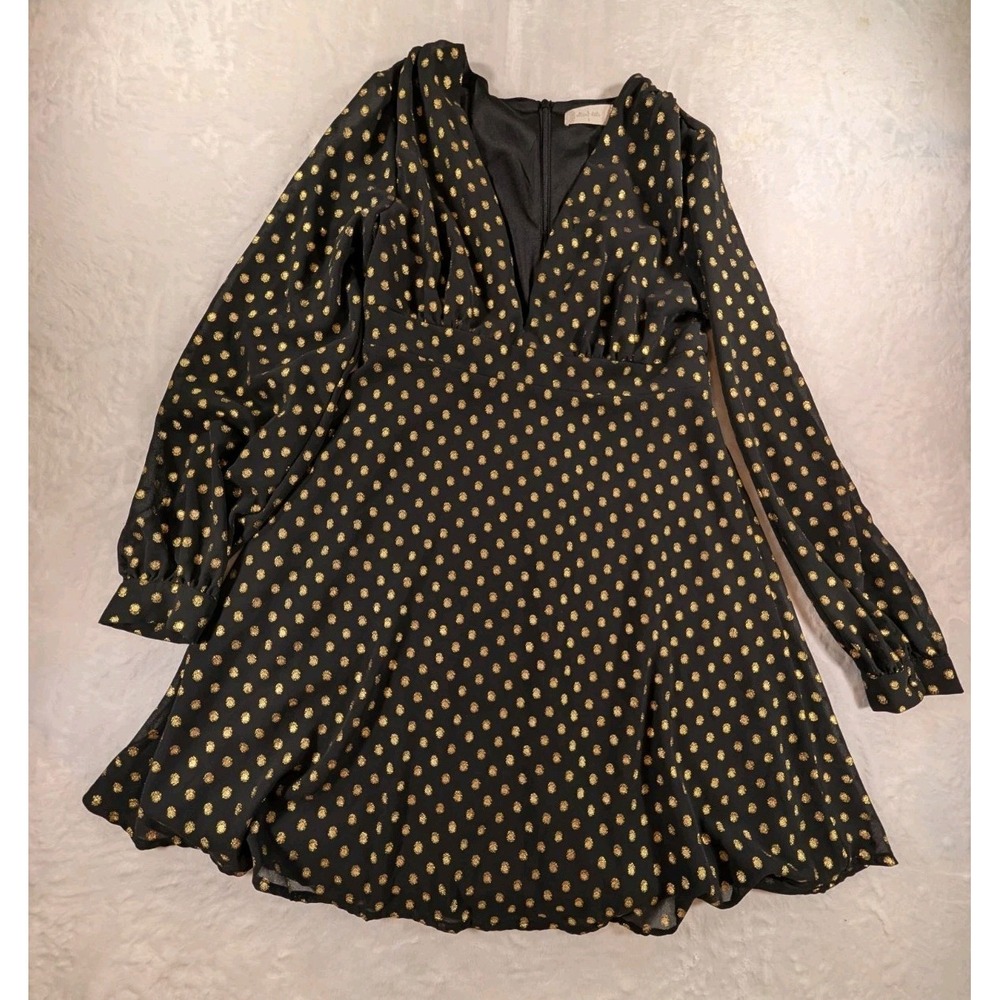 Altar'd State Women's Black Gold Polka Dot Dress Size S Deep V Neck Long Sleeve - Picture 2 of 11